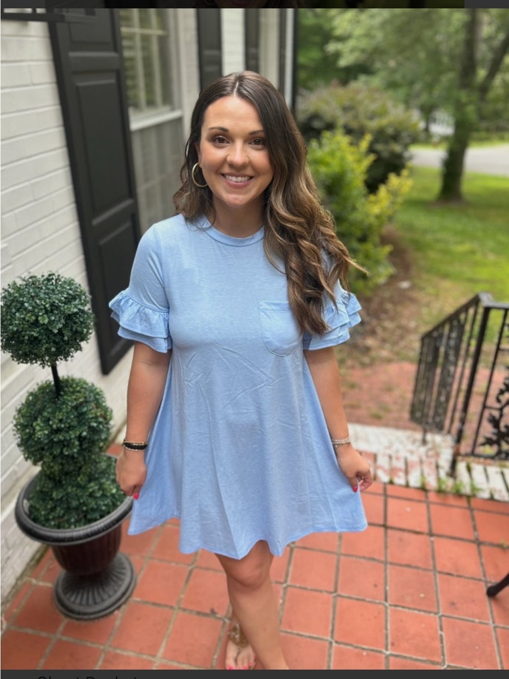Light Blue Ruffle Sleeve Pocket Swing Dress